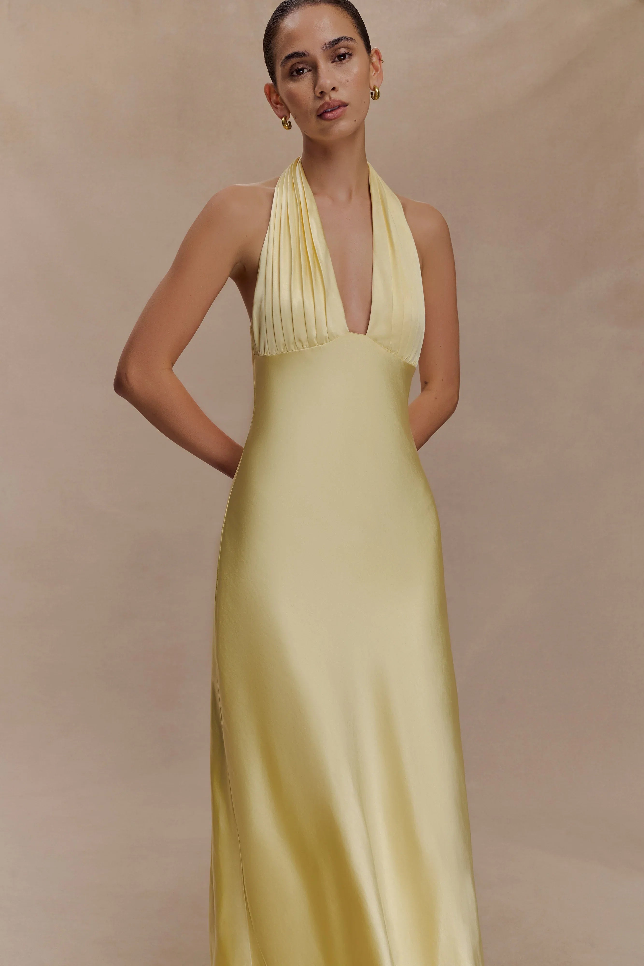Alice Satin Halter Maxi Dress Lemon