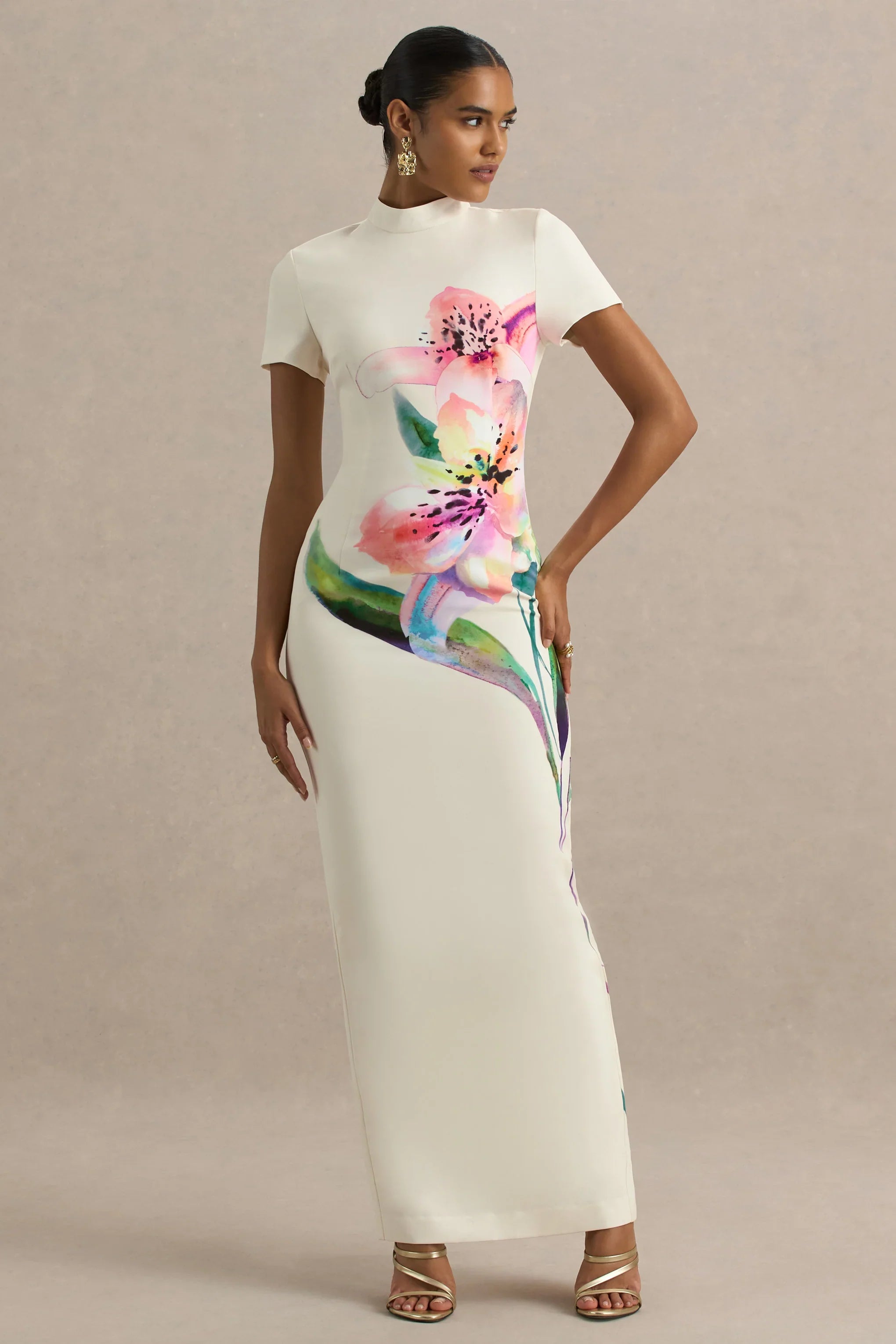Hessie White Lily Print High Neck Maxi Dress