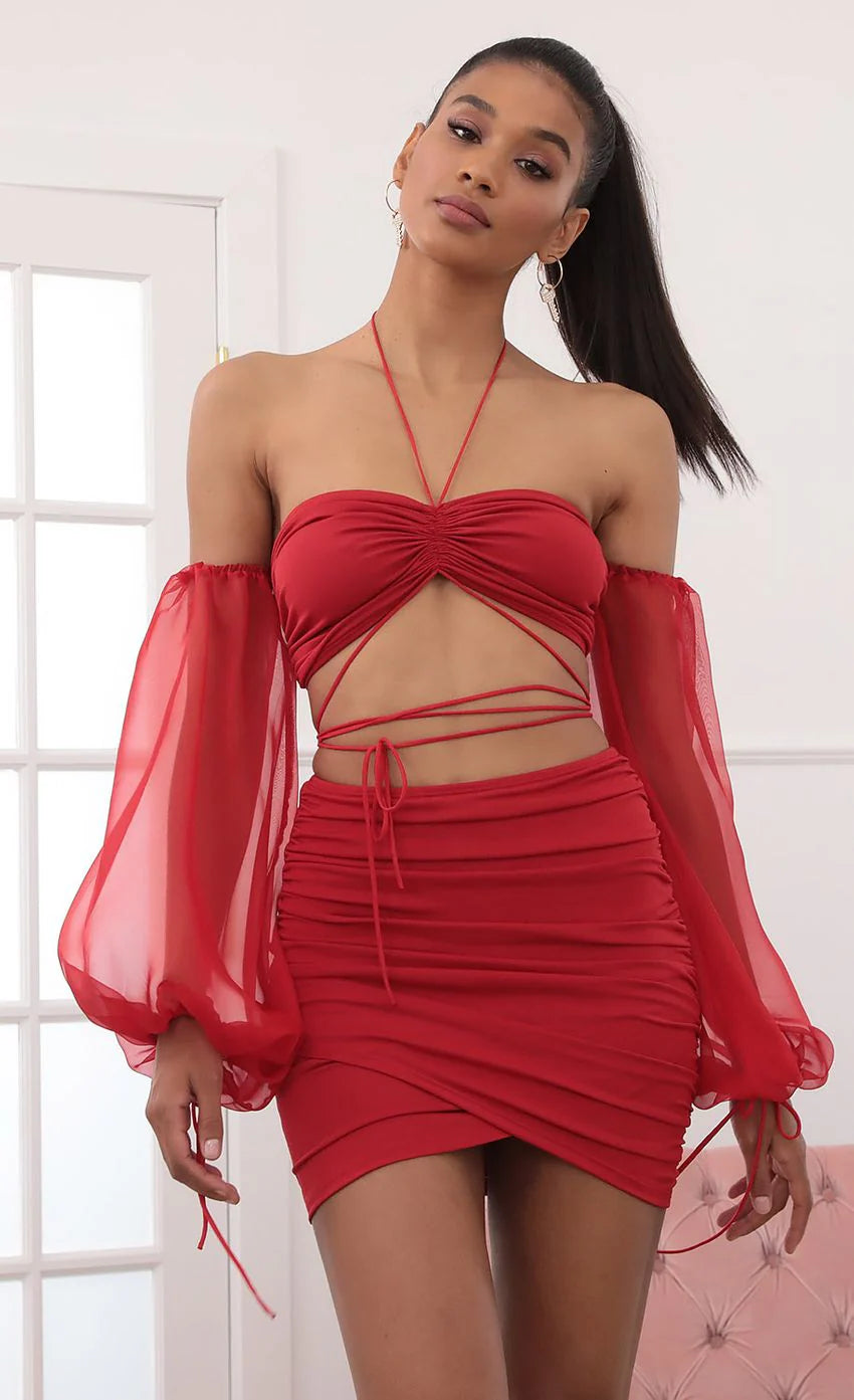 Long Sleeve Off Shoulder Two Piece Set in Red