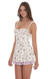 Textured Floral Purple Ruffle Dress in White