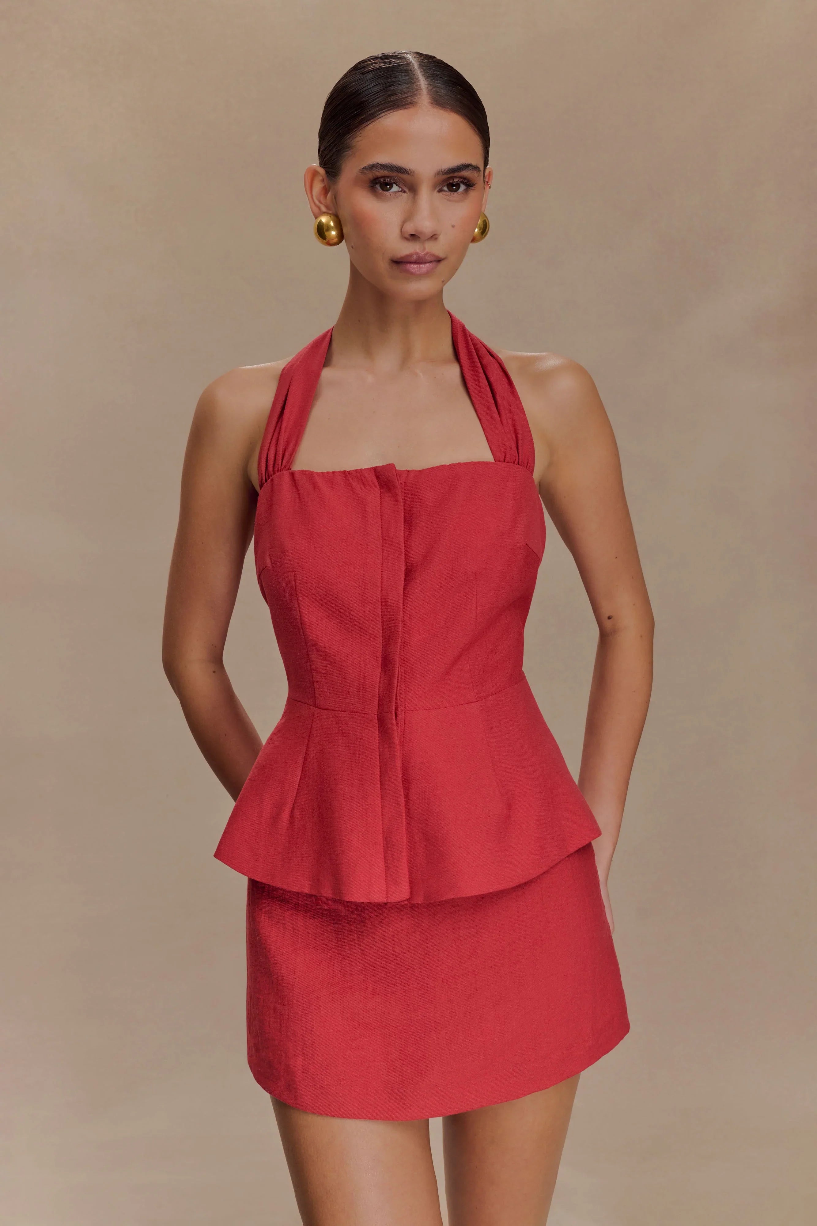 Kallie Linen Peplum Halter Top Burnt Rose