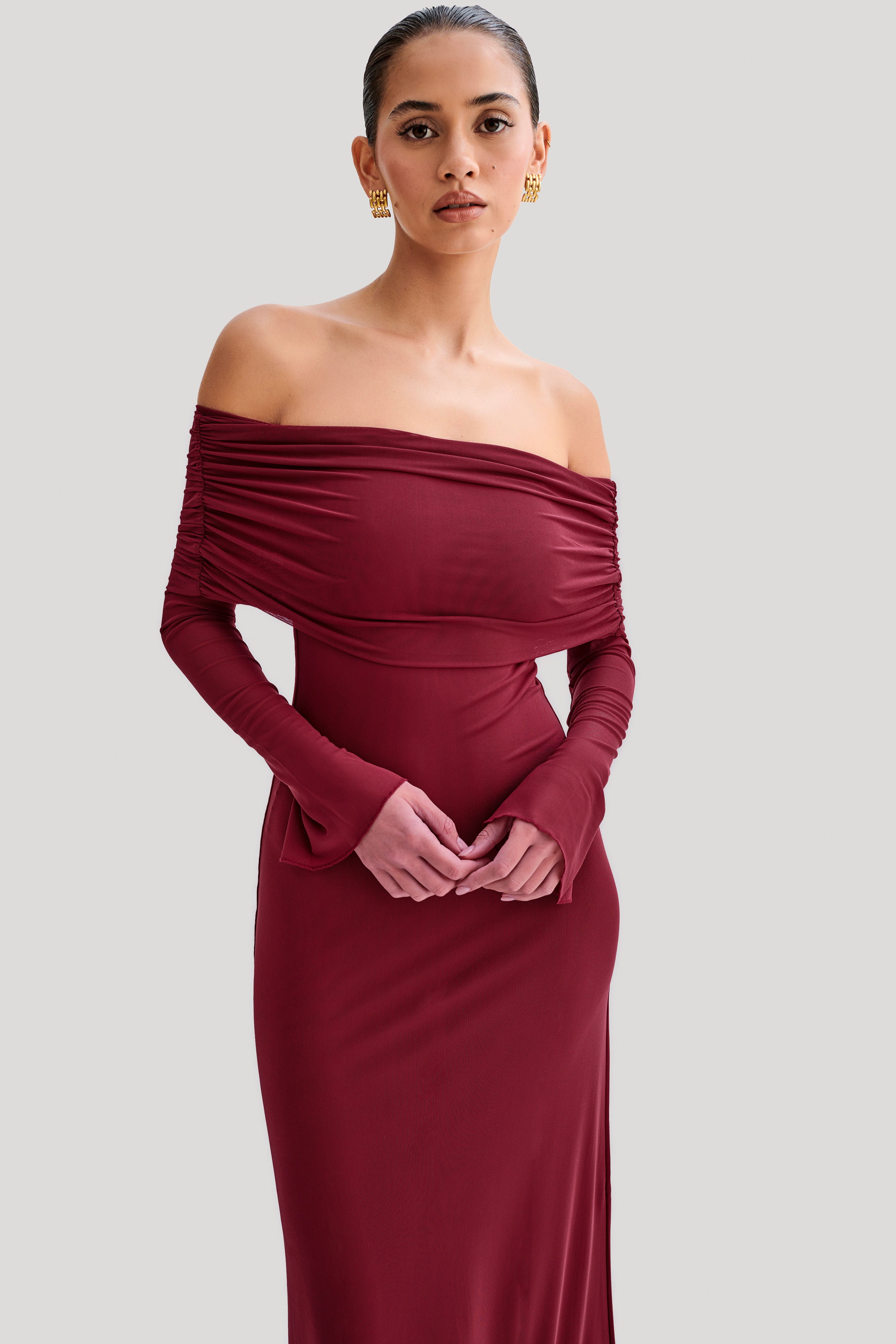 Josie Off Shoulder Mesh Maxi Dress Wine