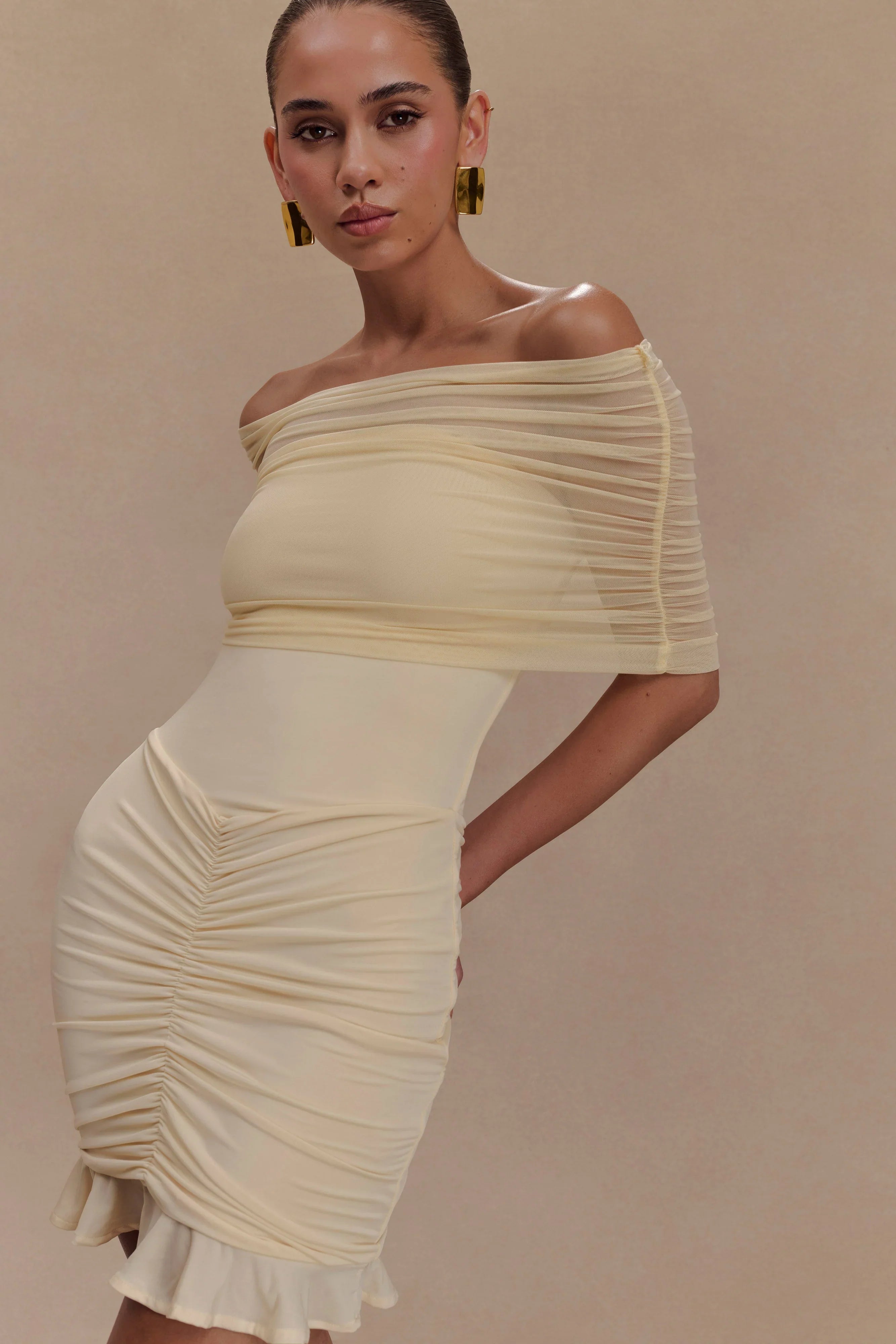 Caspian Slinky And Mesh Off Shoulder Mini Dress Ivory