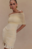 Caspian Slinky And Mesh Off Shoulder Mini Dress Ivory