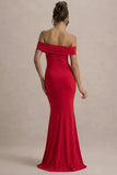 Law of Attraction Red Bardot Draped Split Maxi Dress