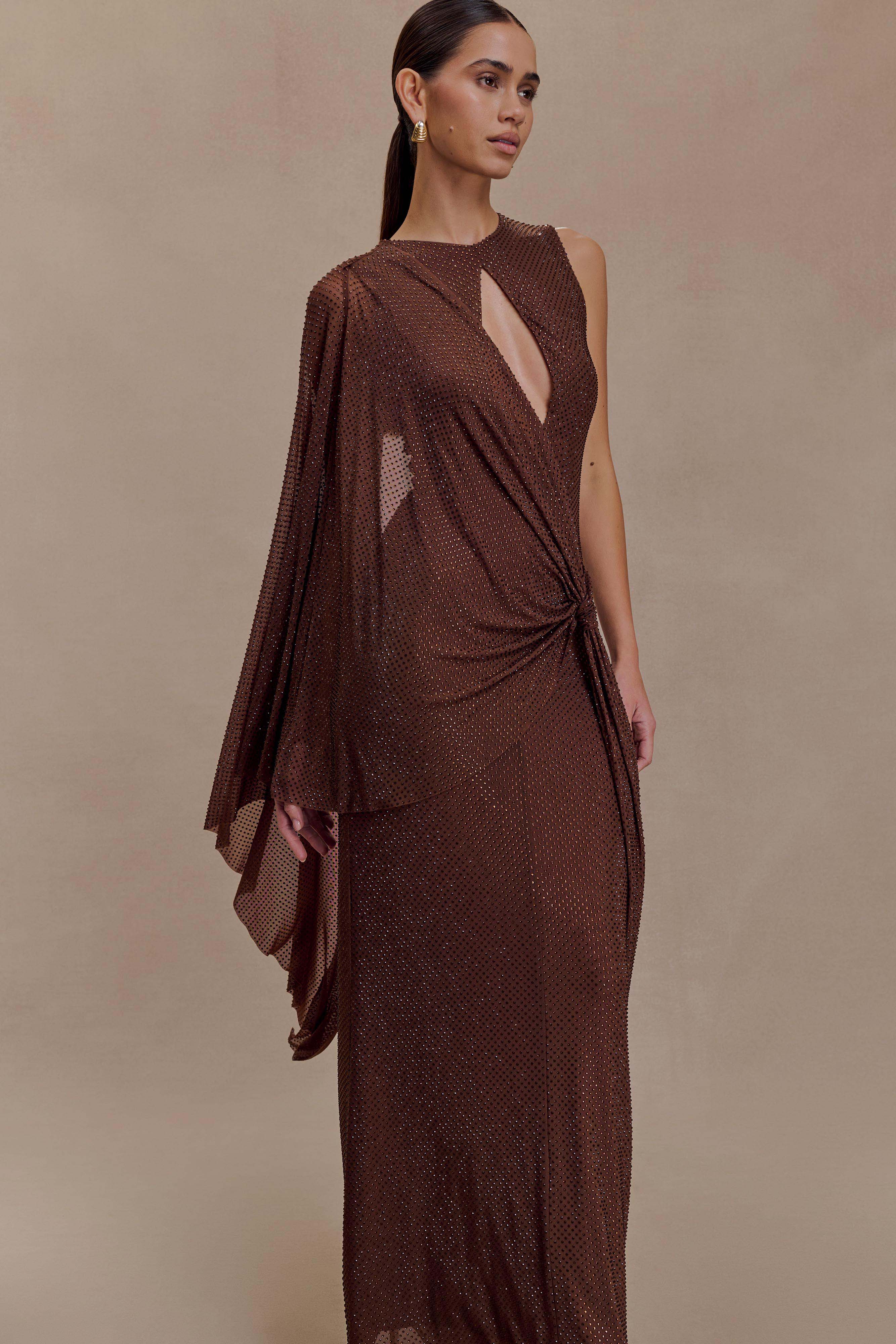 Bakari Diamante Cape Maxi Dress Chocolate