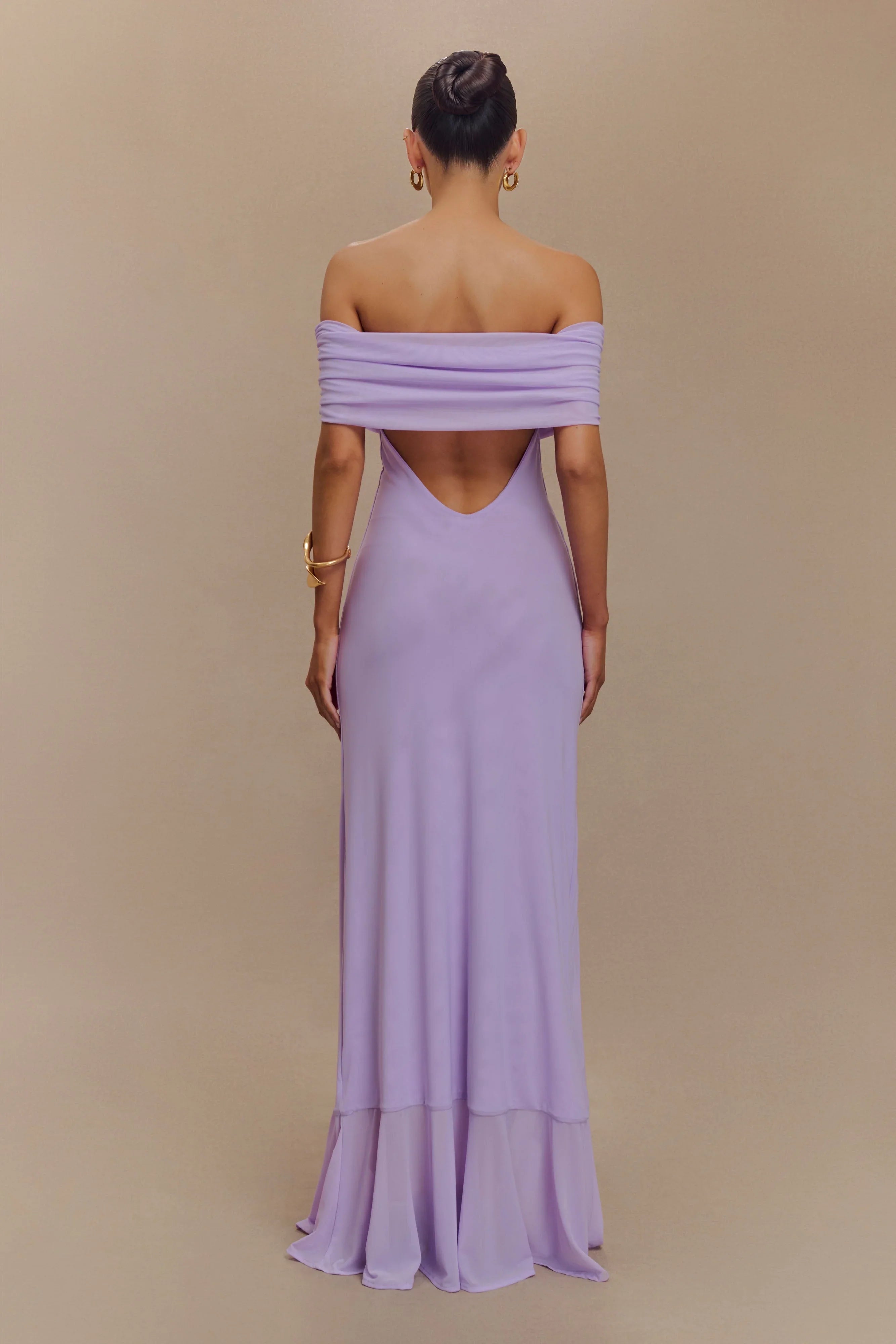 Audrey Off Shoulder Mesh Maxi Dress Lilac
