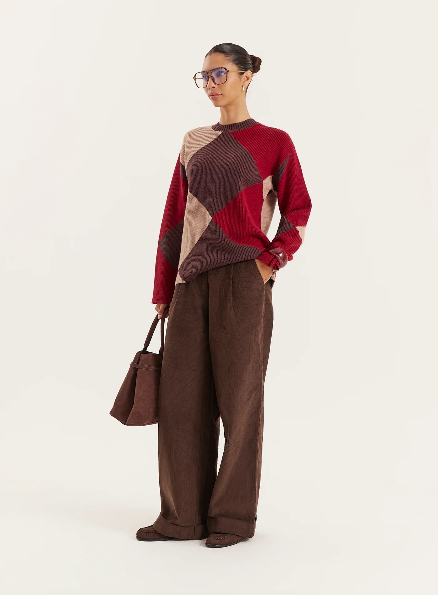 Multi Diamond Knitted Jumper With Scarf