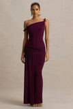 Tulisa Burgundy Asymmetric Neck Maxi Dress With Twist Sleeves And Ruched Detailing