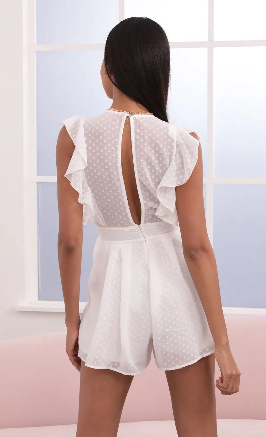 Ruffle White Romper in Dotted Chiffon