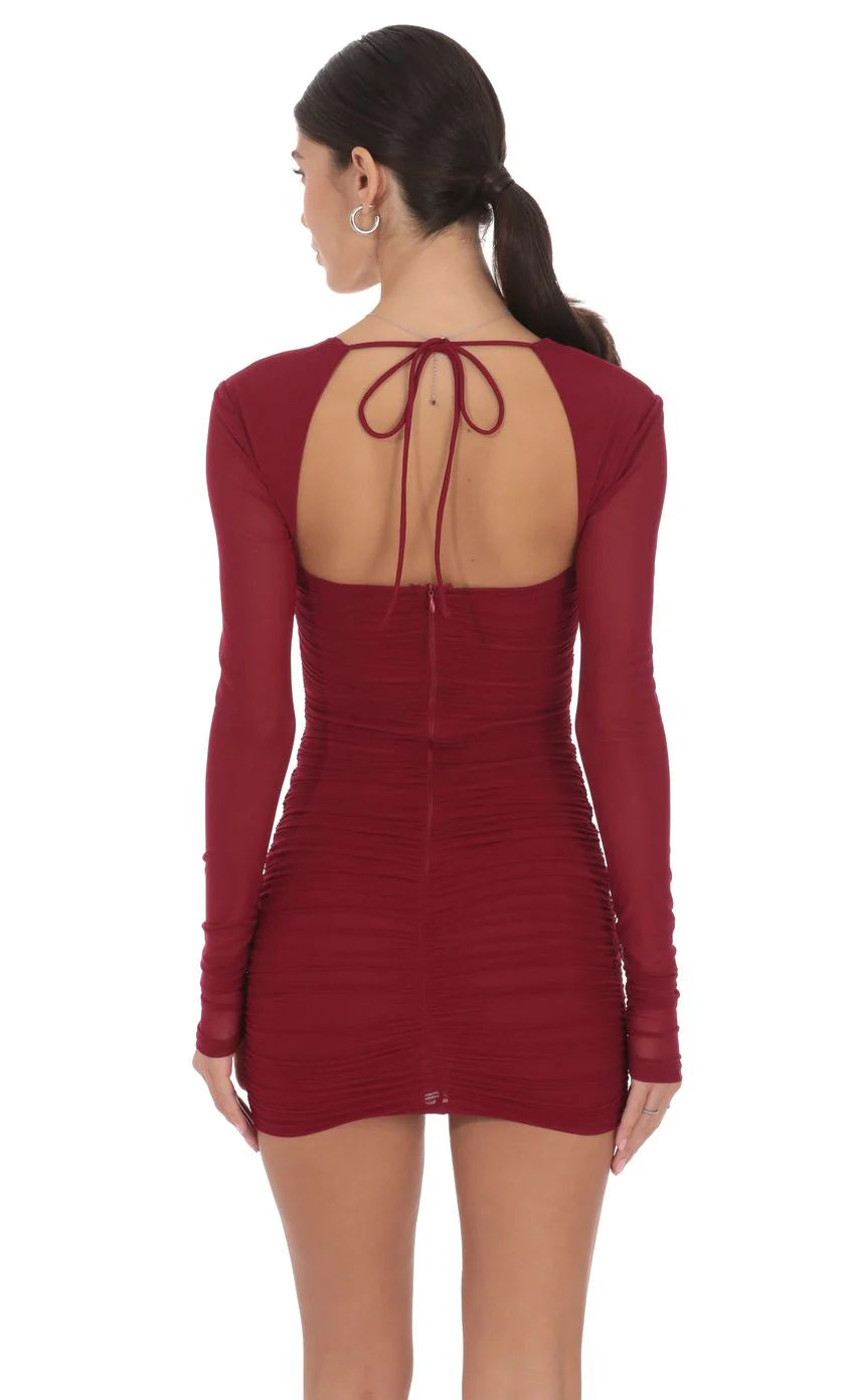 Mesh Long Sleeve Bodycon in Maroon