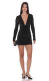 Velvet Plunge Long Sleeve Dress in Black