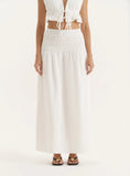 White Drop Waist Shirred Maxi Skirt