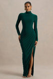 Betsy Bottle Green High Neck Maxi Dress With Front Split And Ruched Detailing