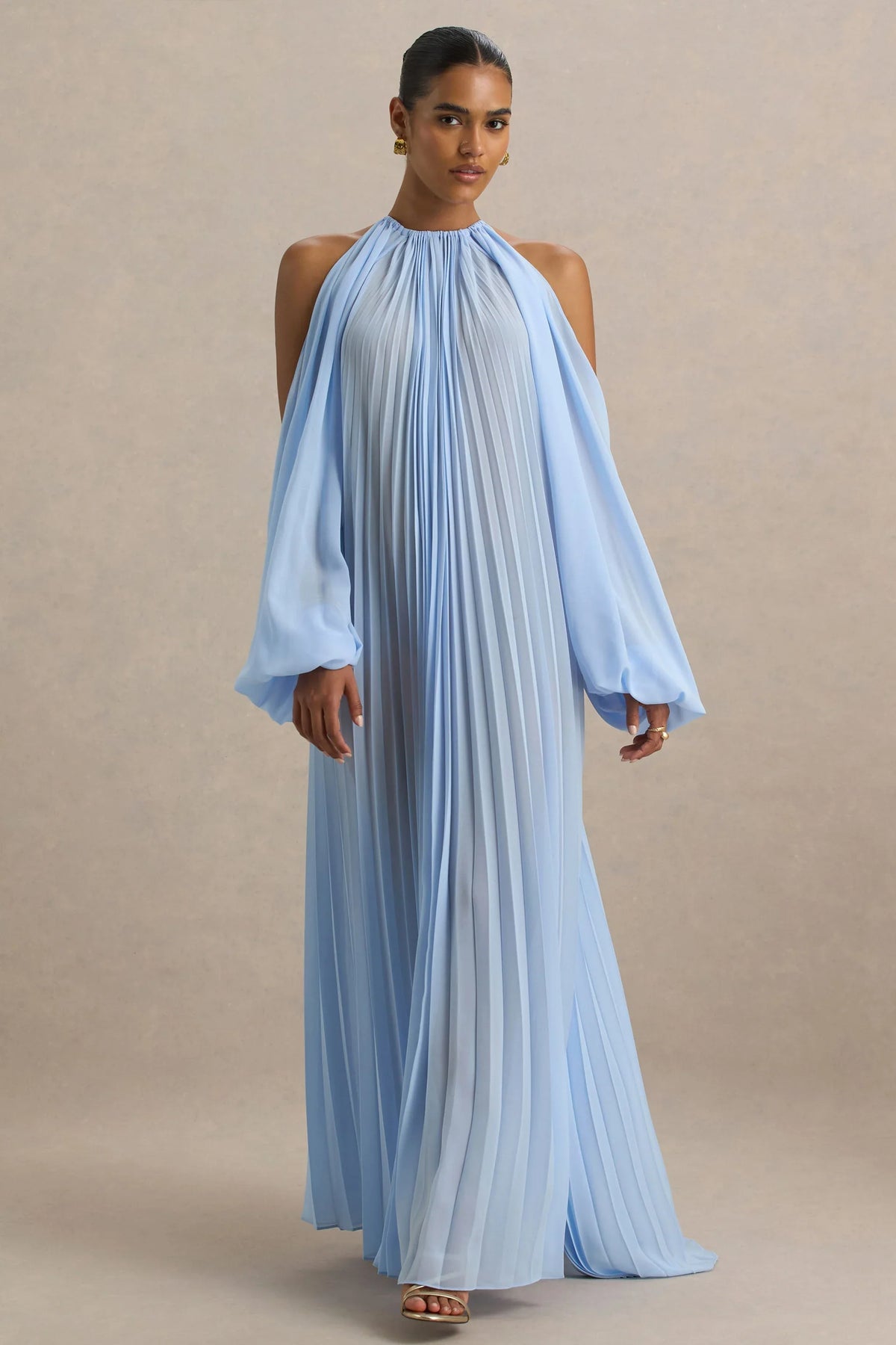 Reyna Powder Blue Pleated Chiffon Cold Shoulder Maxi Dress