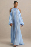 Reyna Powder Blue Pleated Chiffon Cold Shoulder Maxi Dress