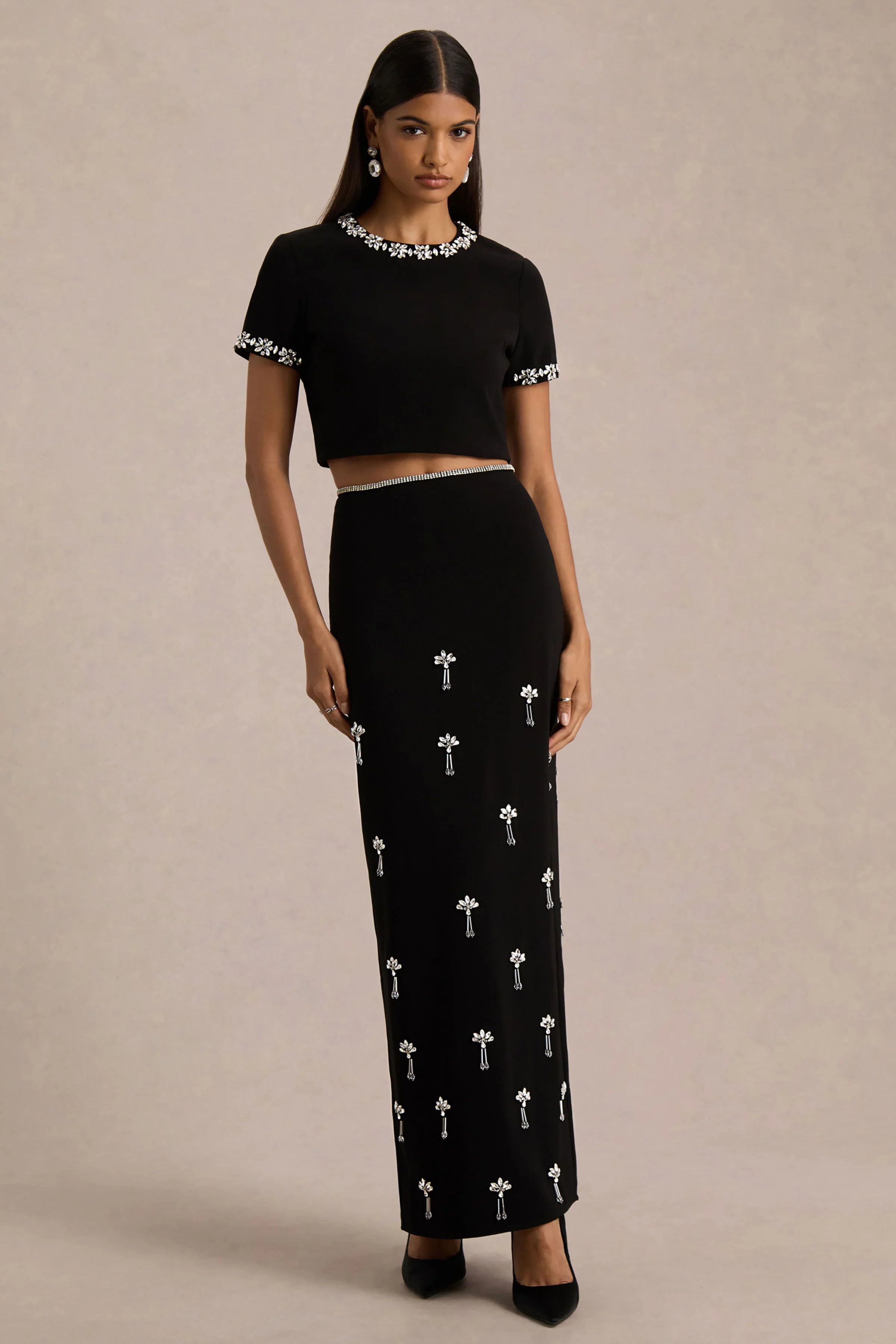 Aven Black Hand Embellished Maxi Skirt