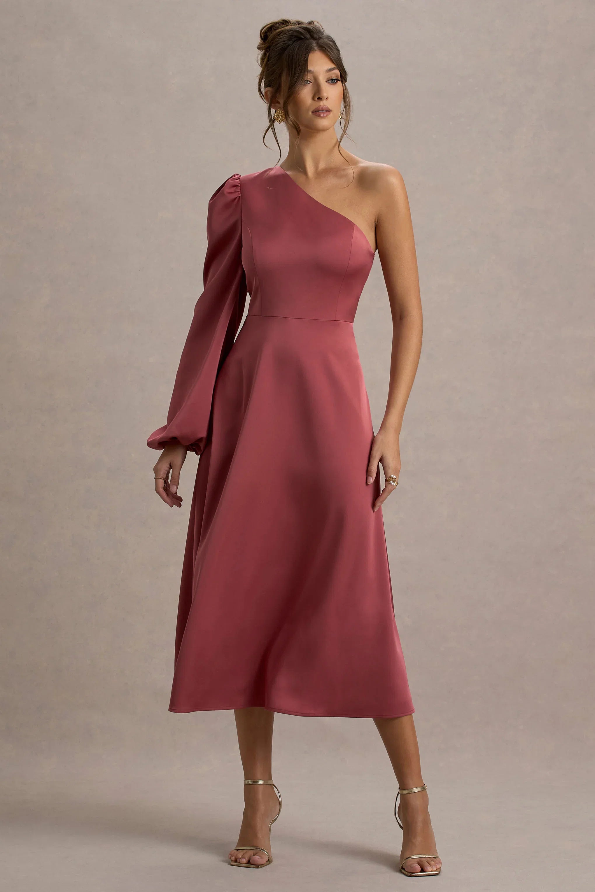 Haila Rose Pink Satin One Shoulder Midi Dress