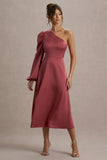 Haila Rose Pink Satin One Shoulder Midi Dress
