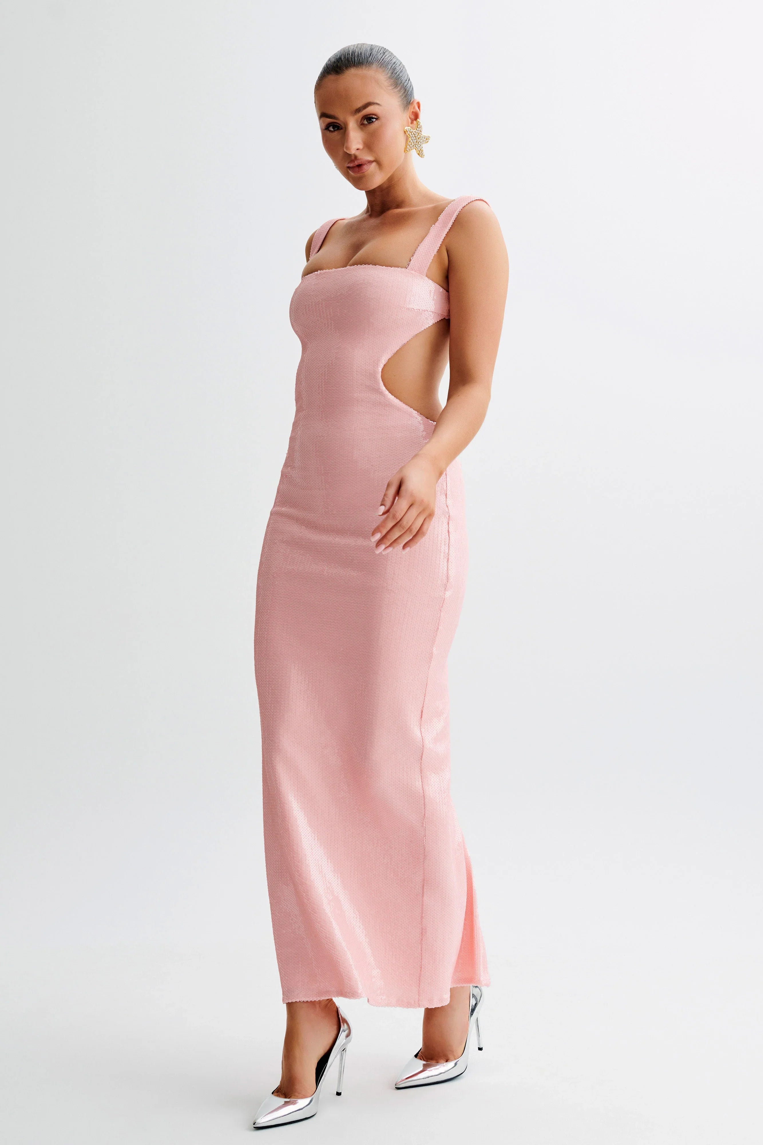 Adoria Sequin Cut Out Maxi Dress Pale Pink