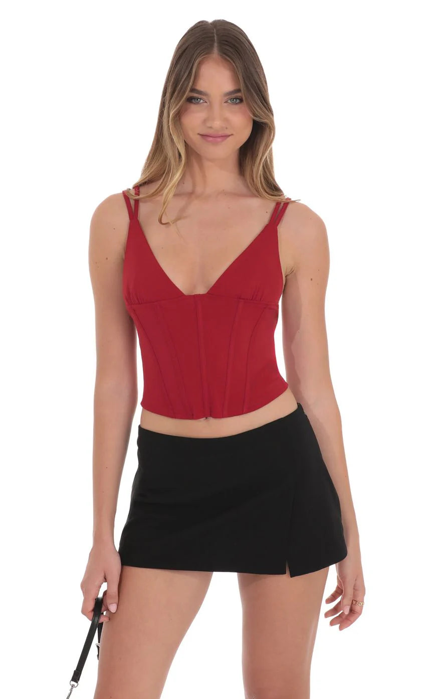 Corset V Neck Top in Red