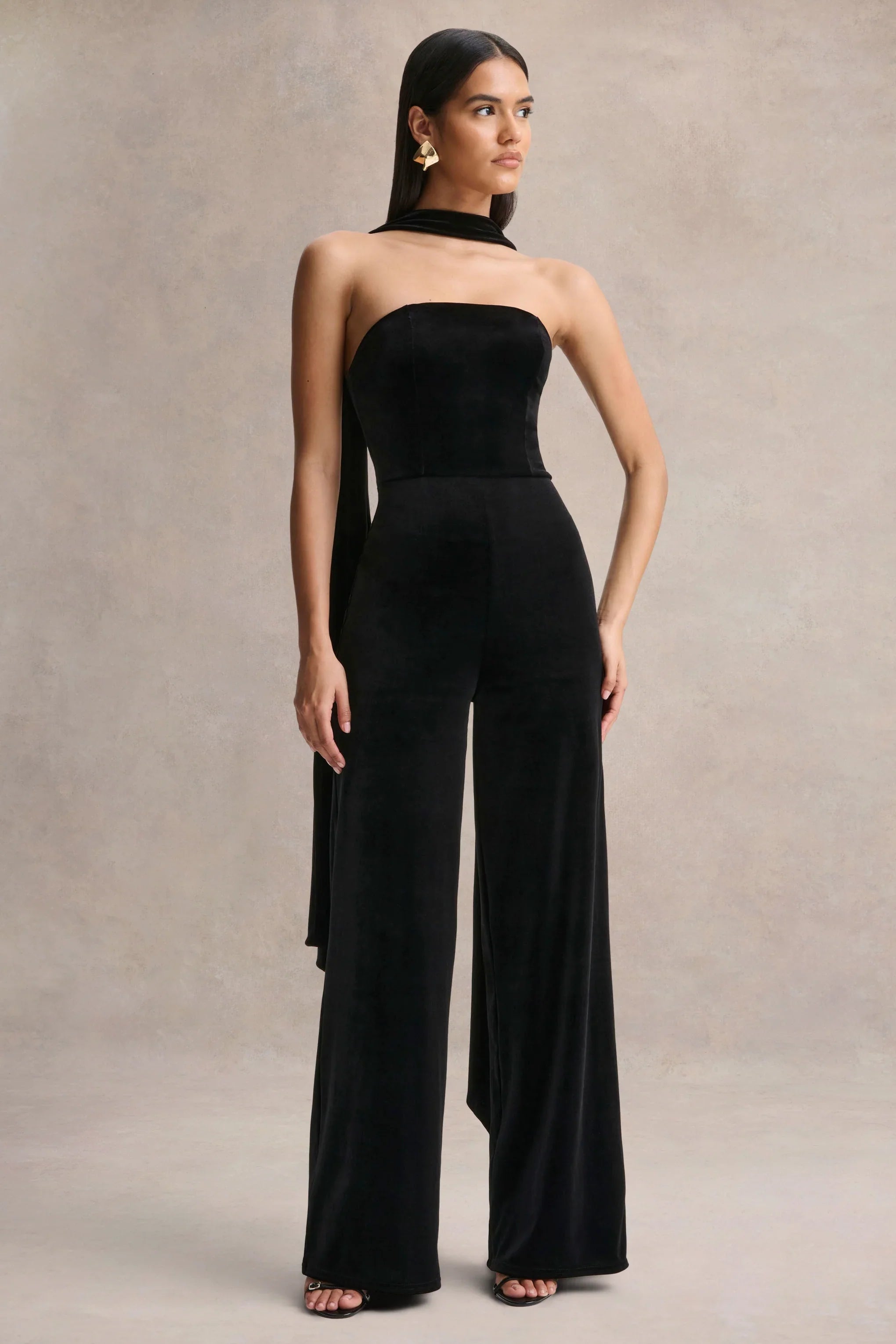 Arcane Black Velvet Bandeau Jumpsuit With Scarf