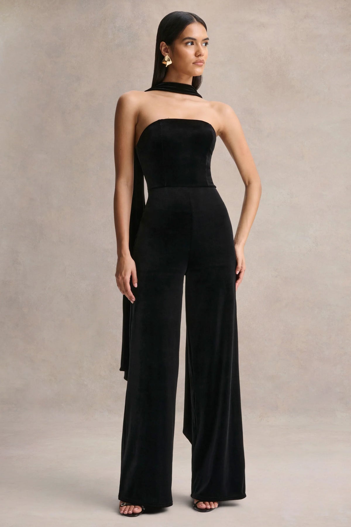 Arcane Black Velvet Bandeau Jumpsuit With Scarf
