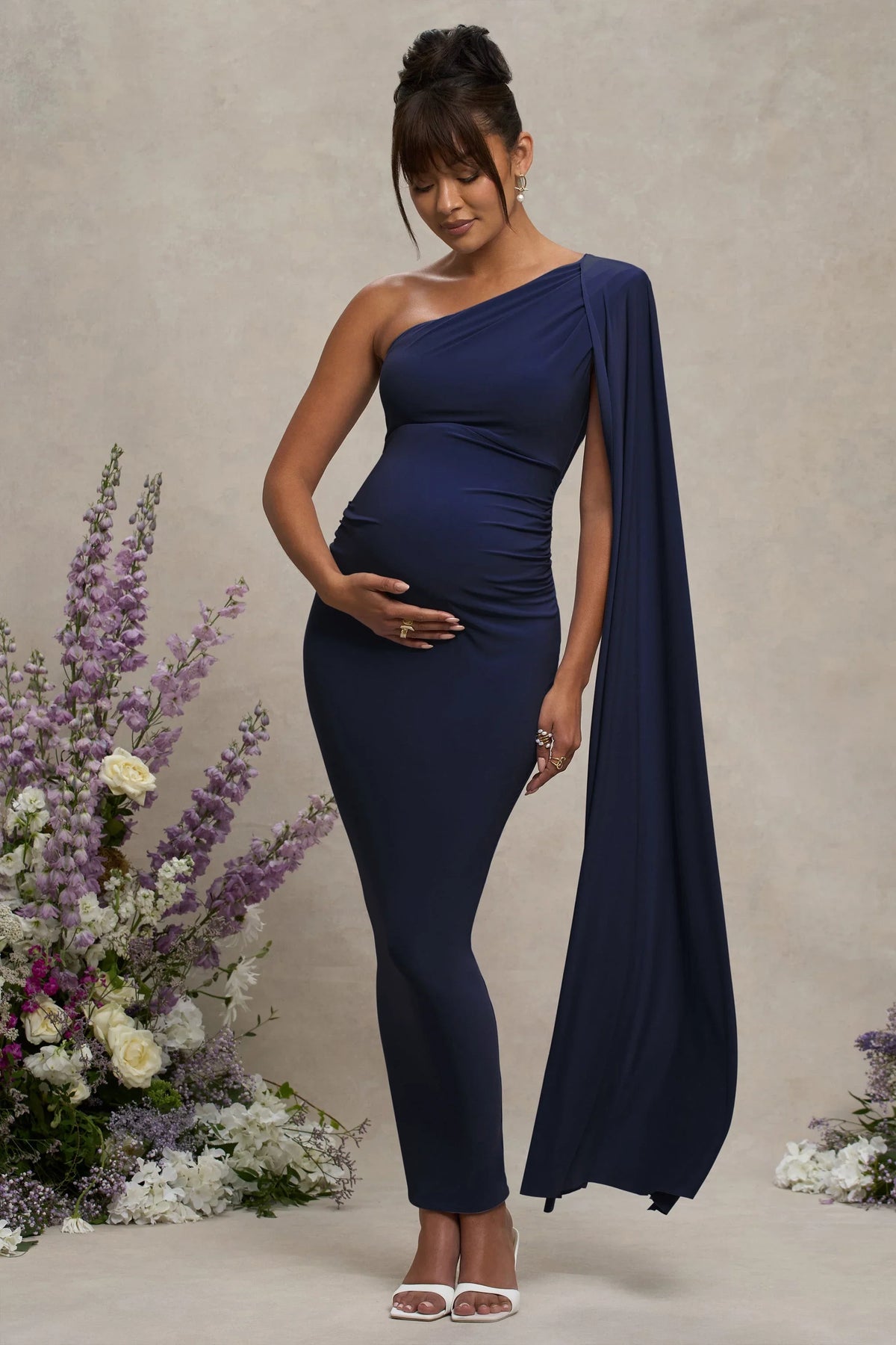 Amaryllis Navy Maternity One Shoulder Maxi Dress with Cape Sleeve