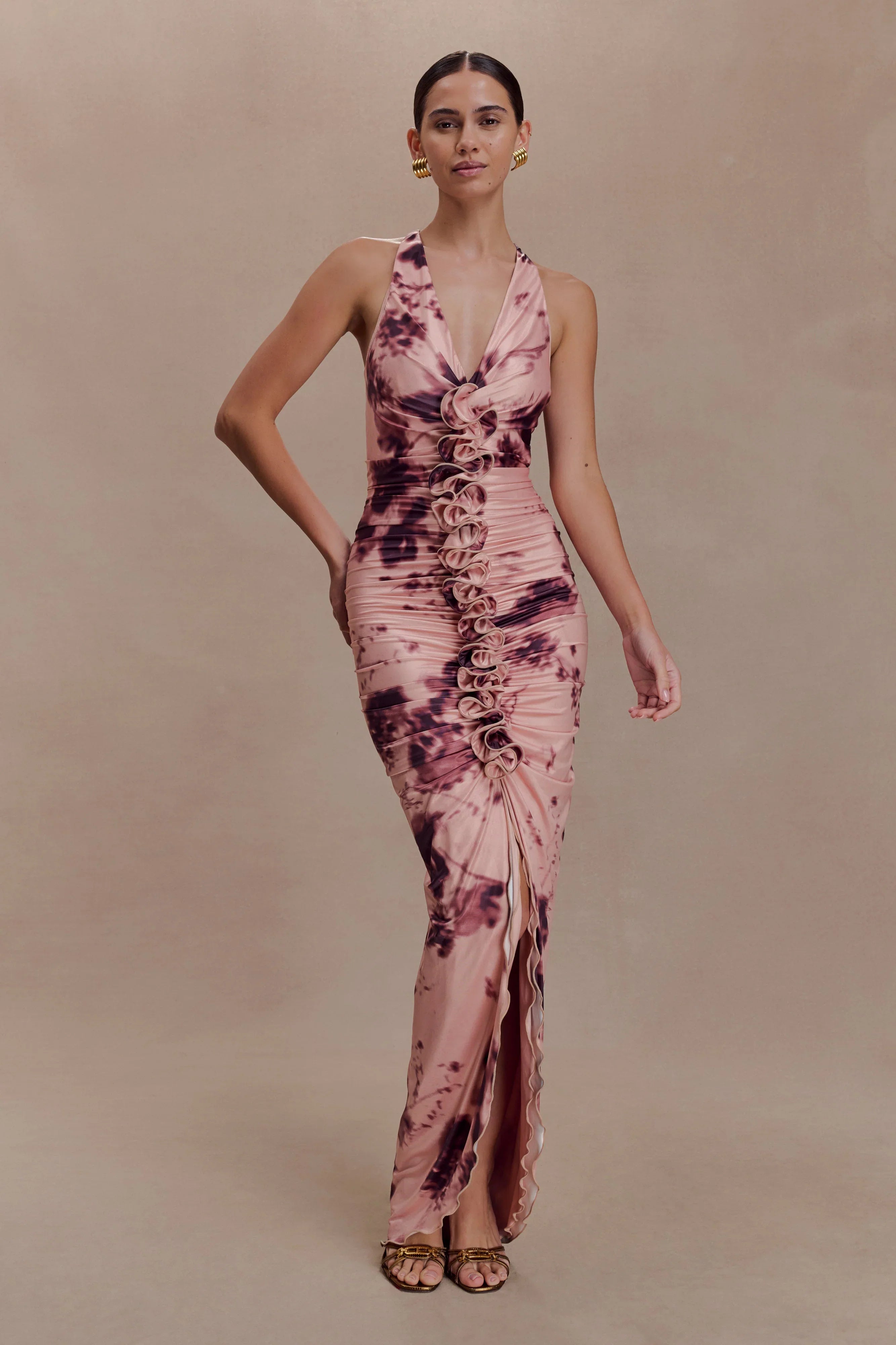 Alessandra Slinky Ruffle Maxi Dress Pink Blurred Floral Print