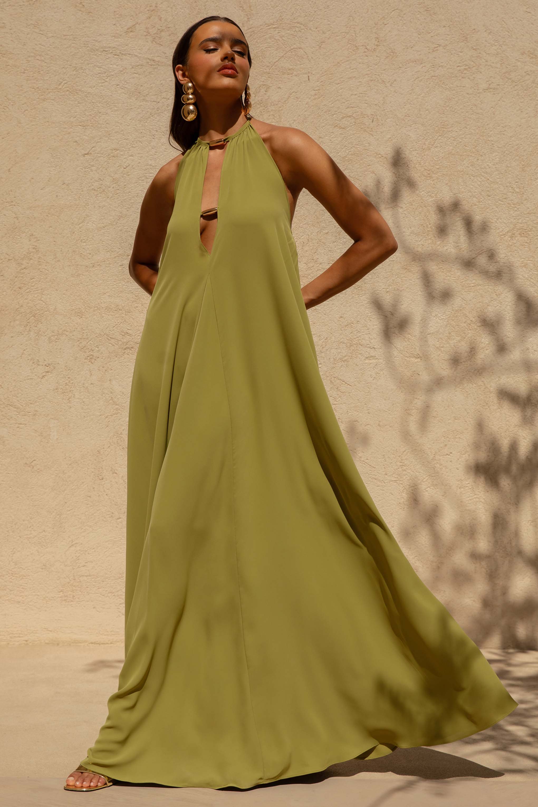 Zyon Green High Neck Maxi Dress with Cut Out Details