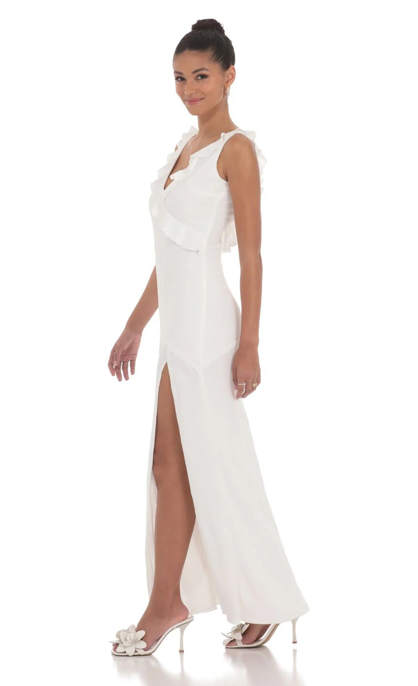 V Neck Open Back Maxi Dress in White