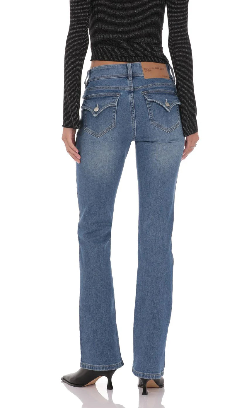 Double Button Slim Flare Jeans in Blue
