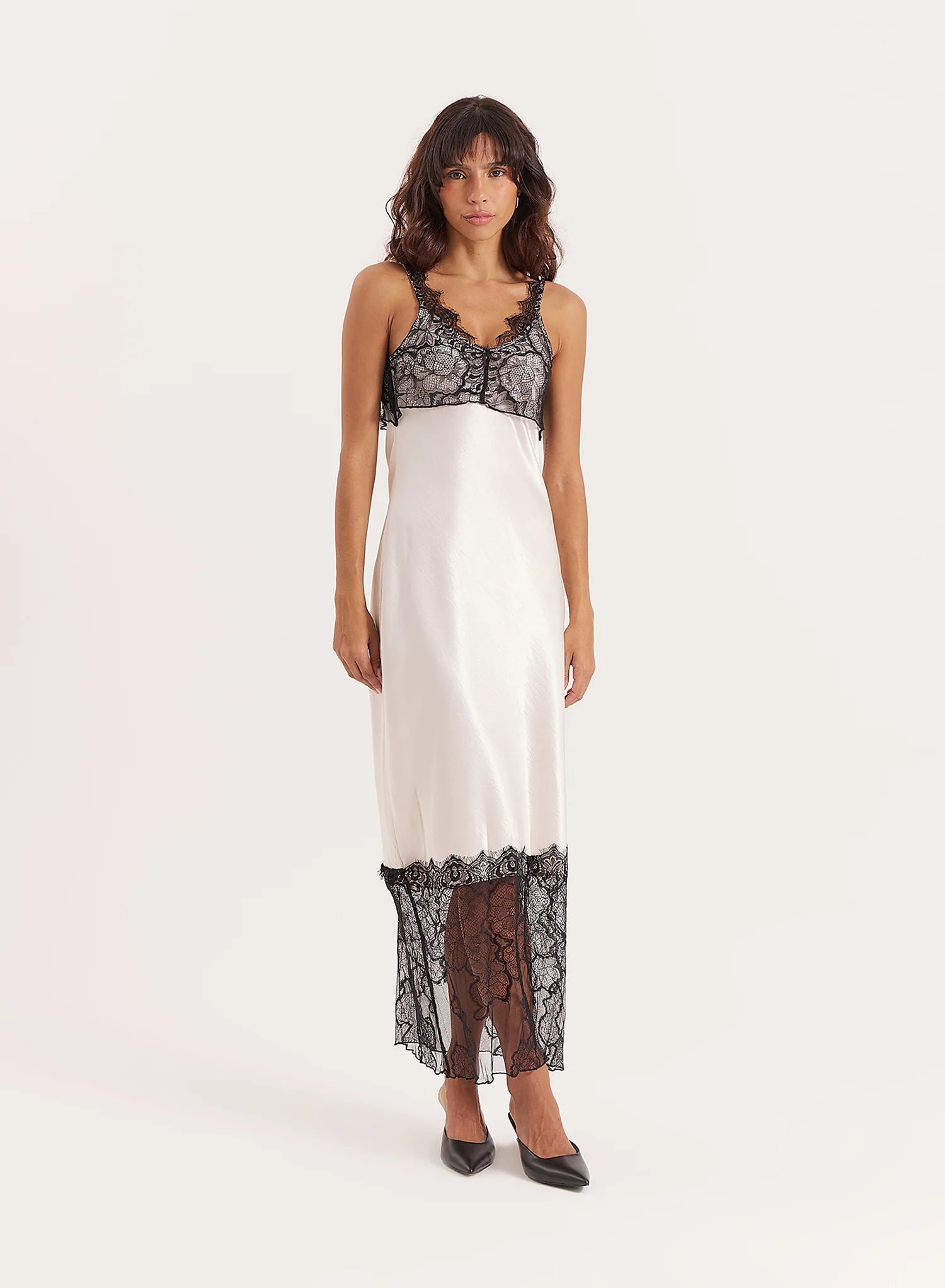 Cream Satin Lace Trim Maxi Dress