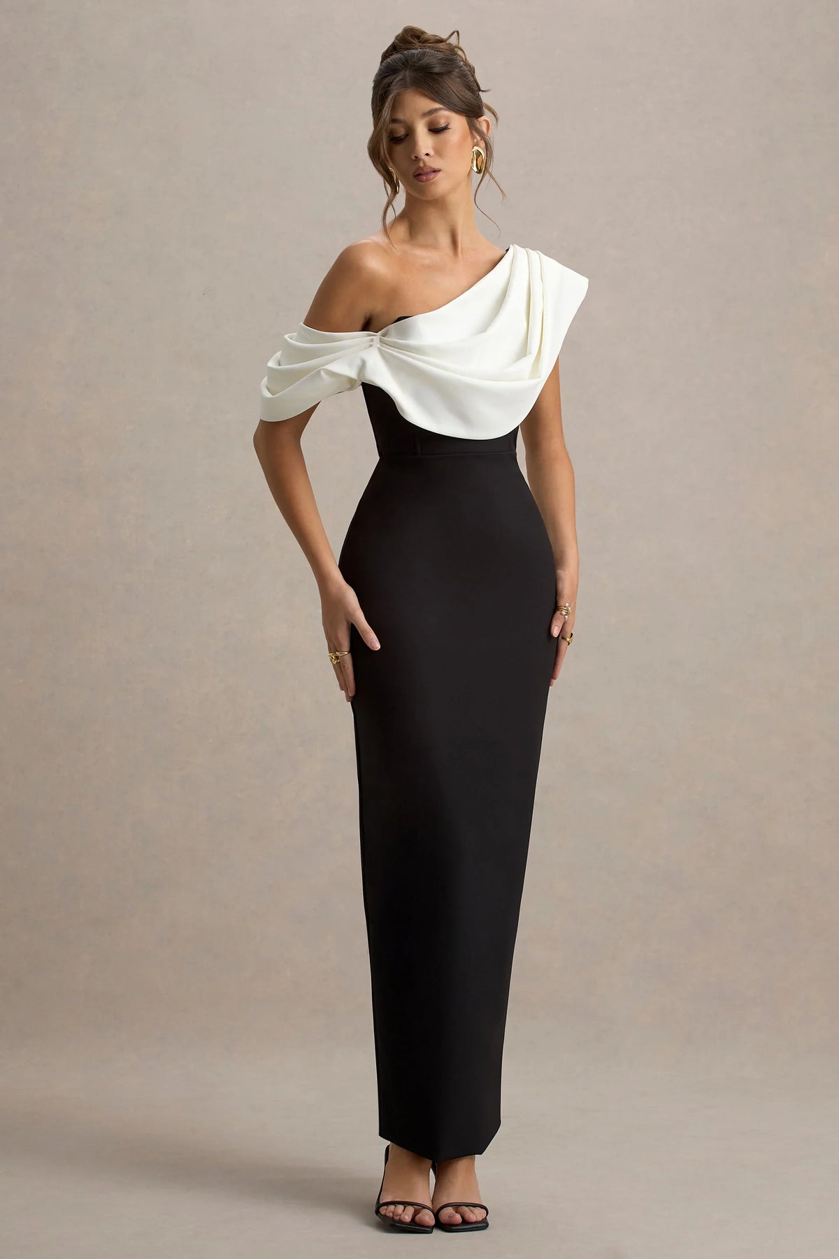 Angelina Black White Draped Shoulder Maxi Dress