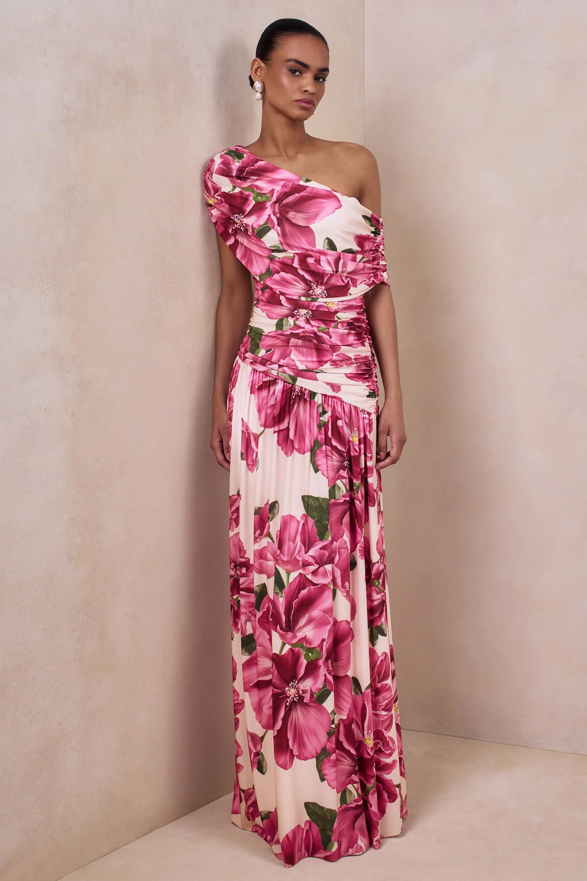 Emberly Pink Hibiscus Floral Print Asymmetric Neck Maxi Dress With Drop Waist