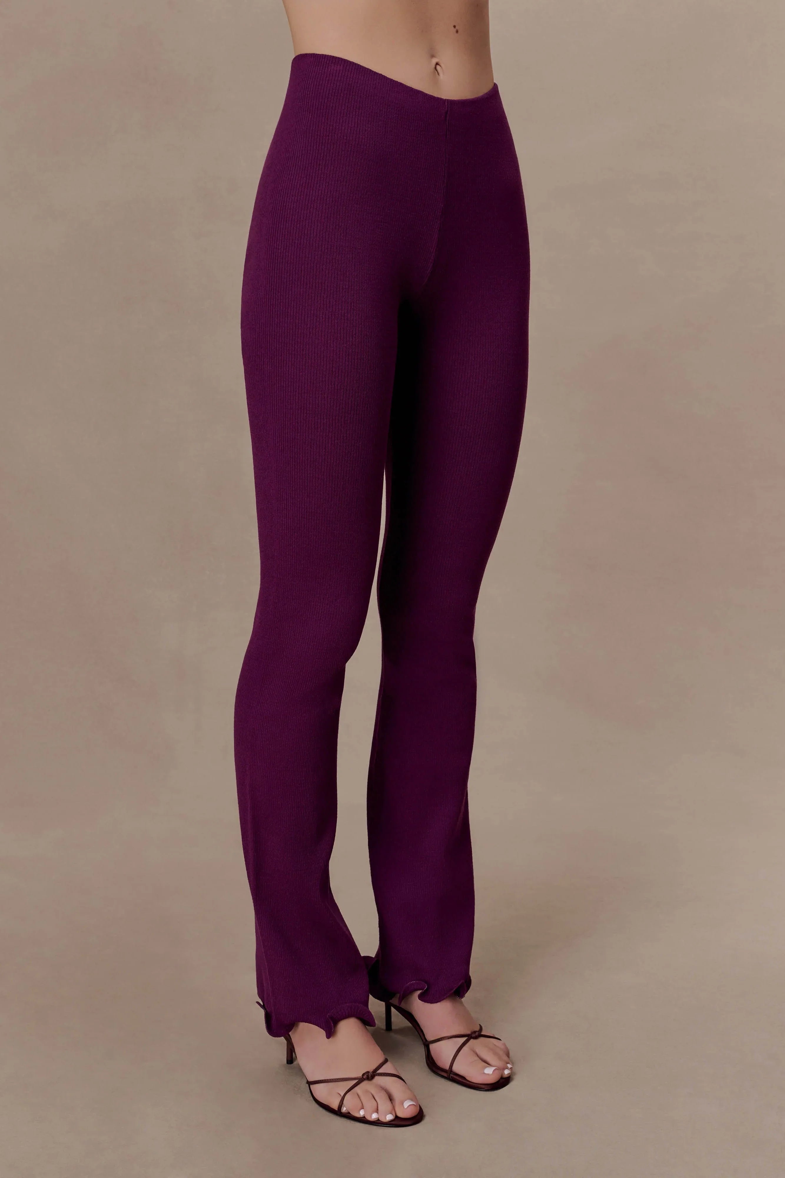 Diya Ribbed High Waisted Pants With Wire Hem Plum