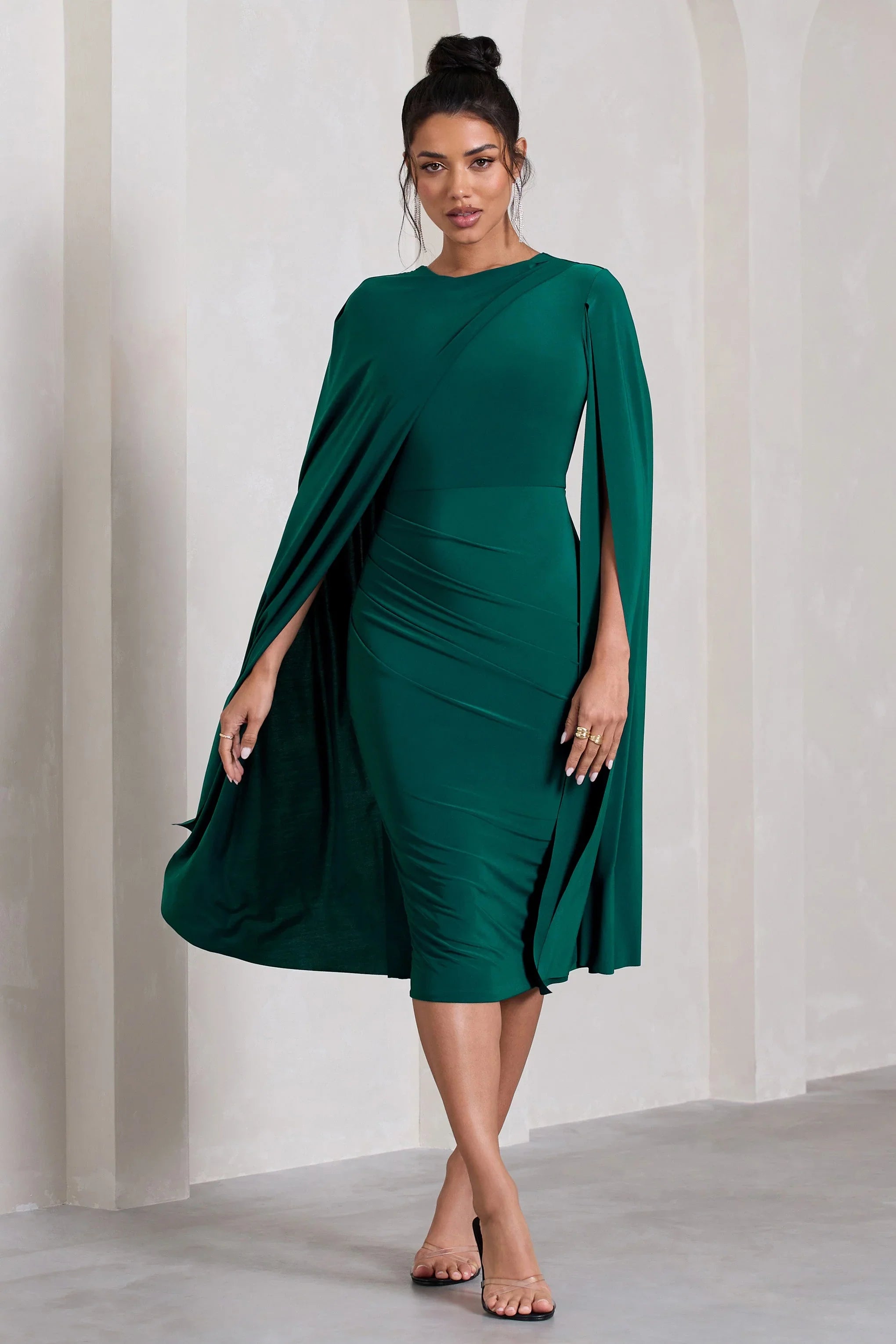 Marysol Bottle Green Asymmetric Cape Midi Dress