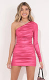 One Shoulder Long Sleeve Dress in Hot Pink
