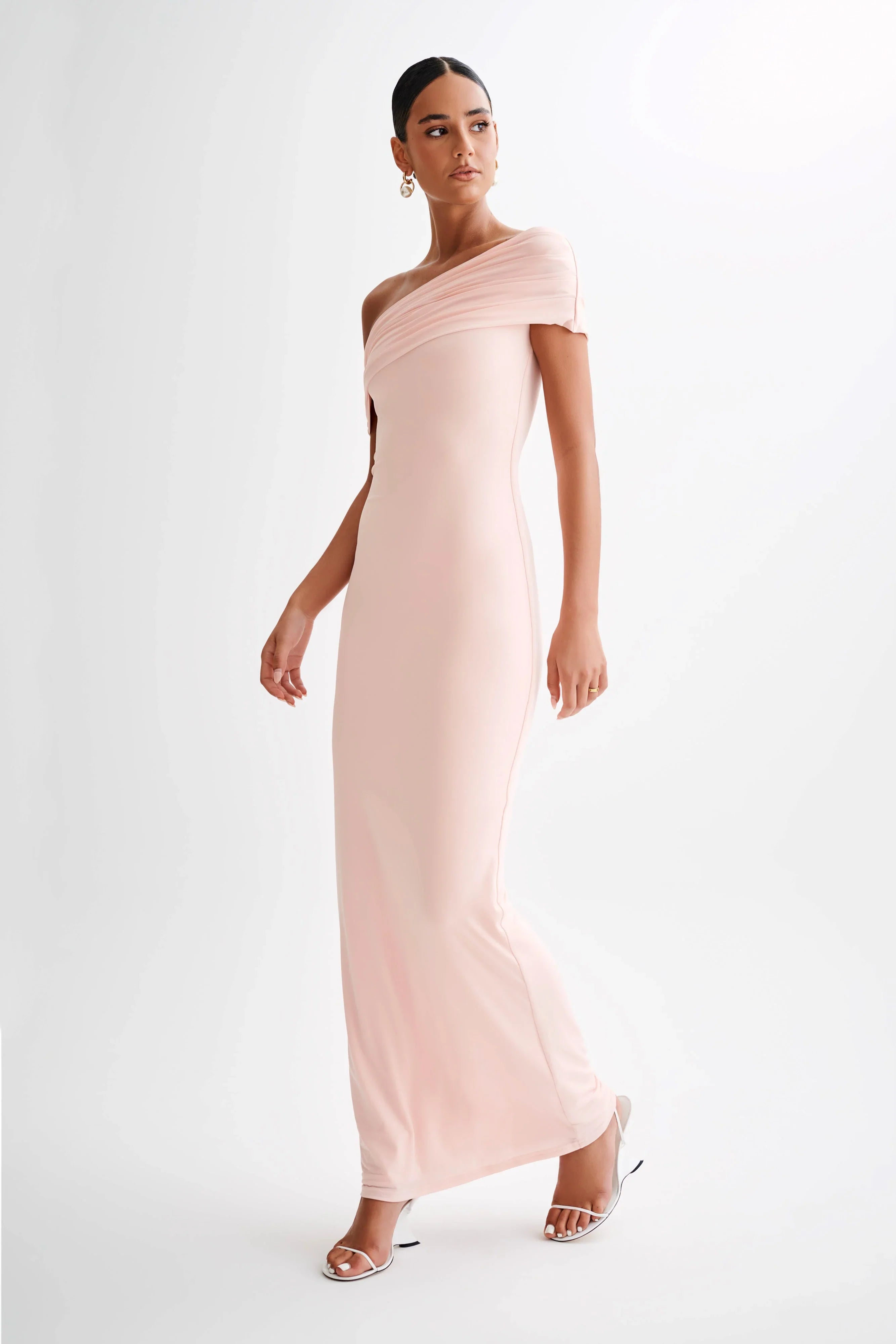 Cassandra Off Shoulder Slinky Maxi Dress Pale Pink