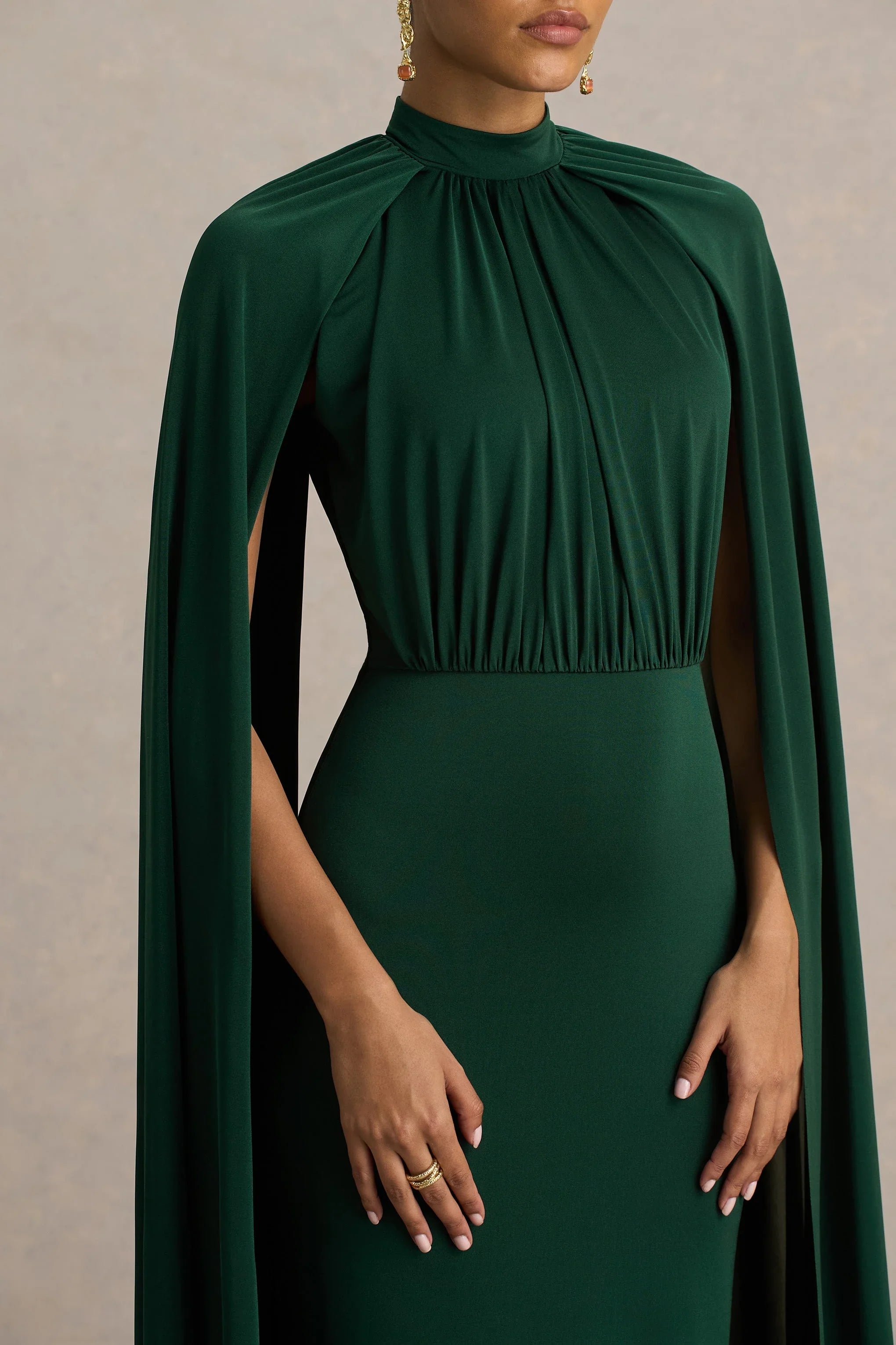 Darielle Bottle Green High Neck Cape Sleeve Maxi Dress
