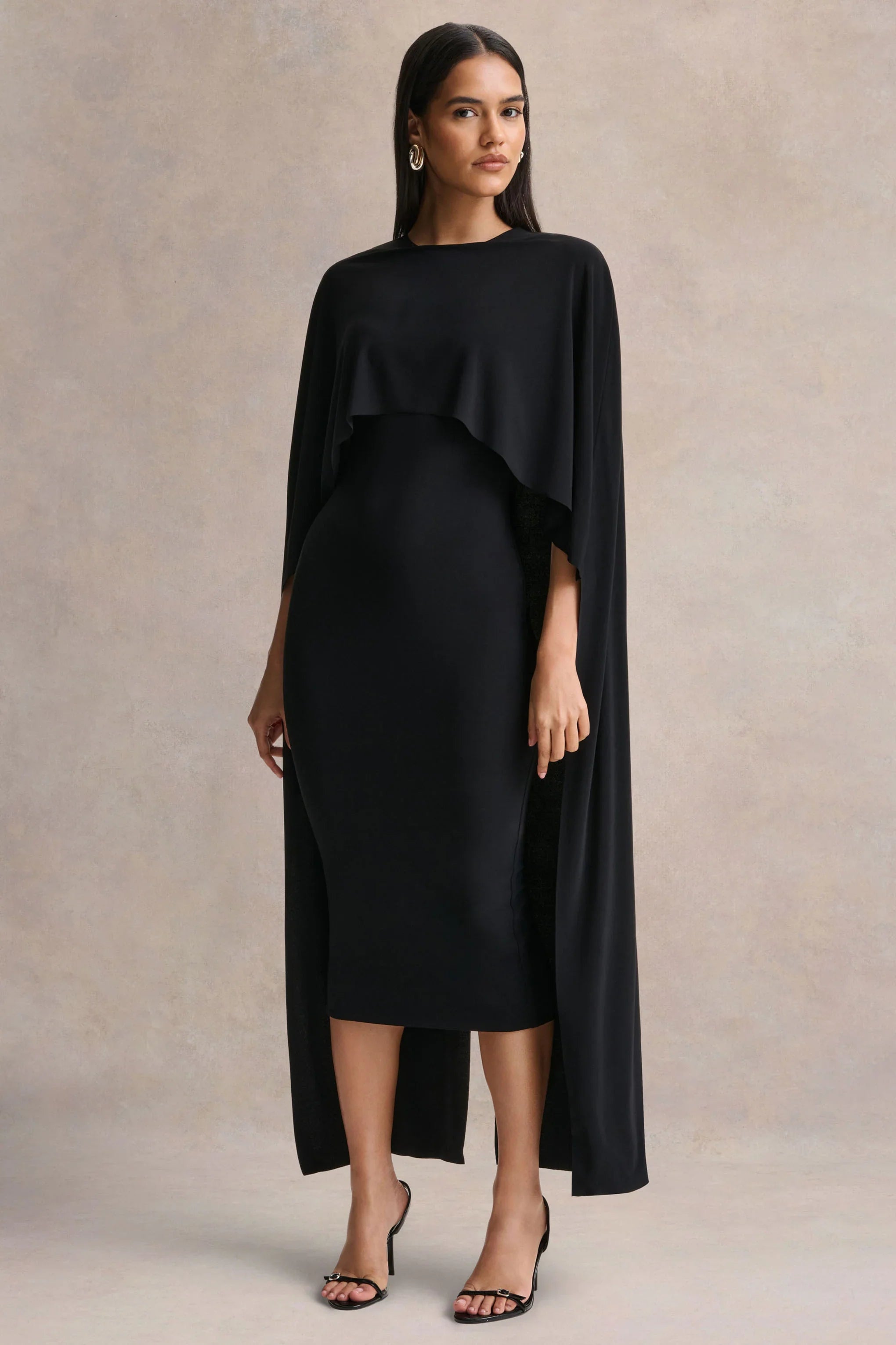Kalani Black Crew Neck Midi Dress With Cape Sleeves