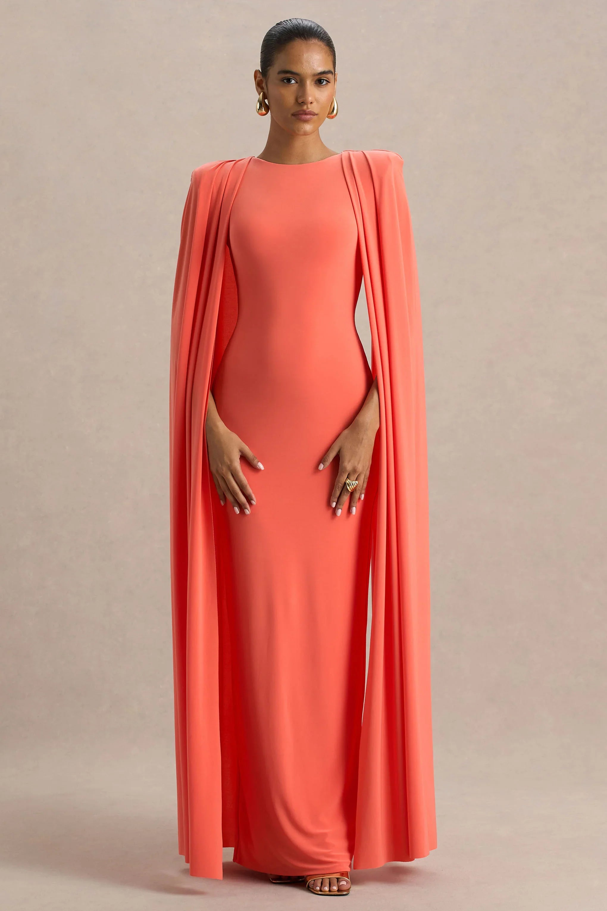 Mimi Coral High Neck Maxi Dress With Cape Sleeve Detail