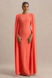 Mimi Coral High Neck Maxi Dress With Cape Sleeve Detail