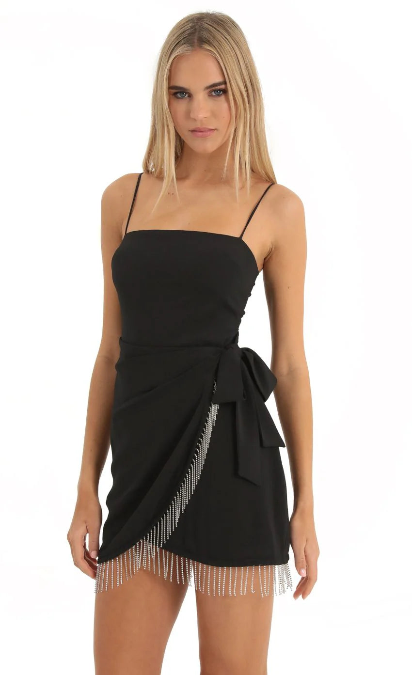 Rhinestone Crepe Wrap Dress in Black