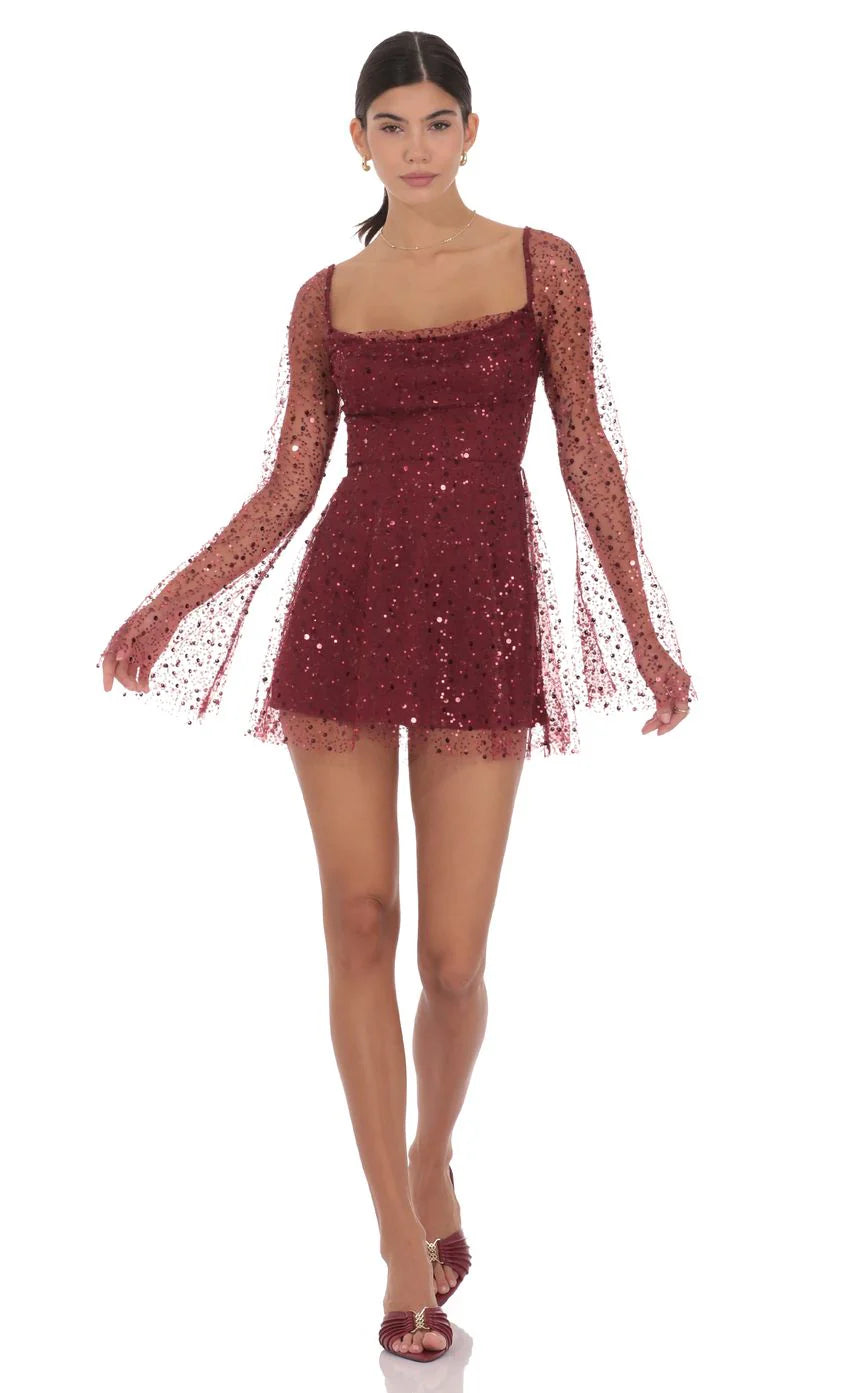 Sequin Beaded Long Sleeve Fit and Flare Dress in Burgundy