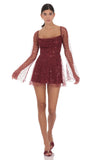 Sequin Beaded Long Sleeve Fit and Flare Dress in Burgundy