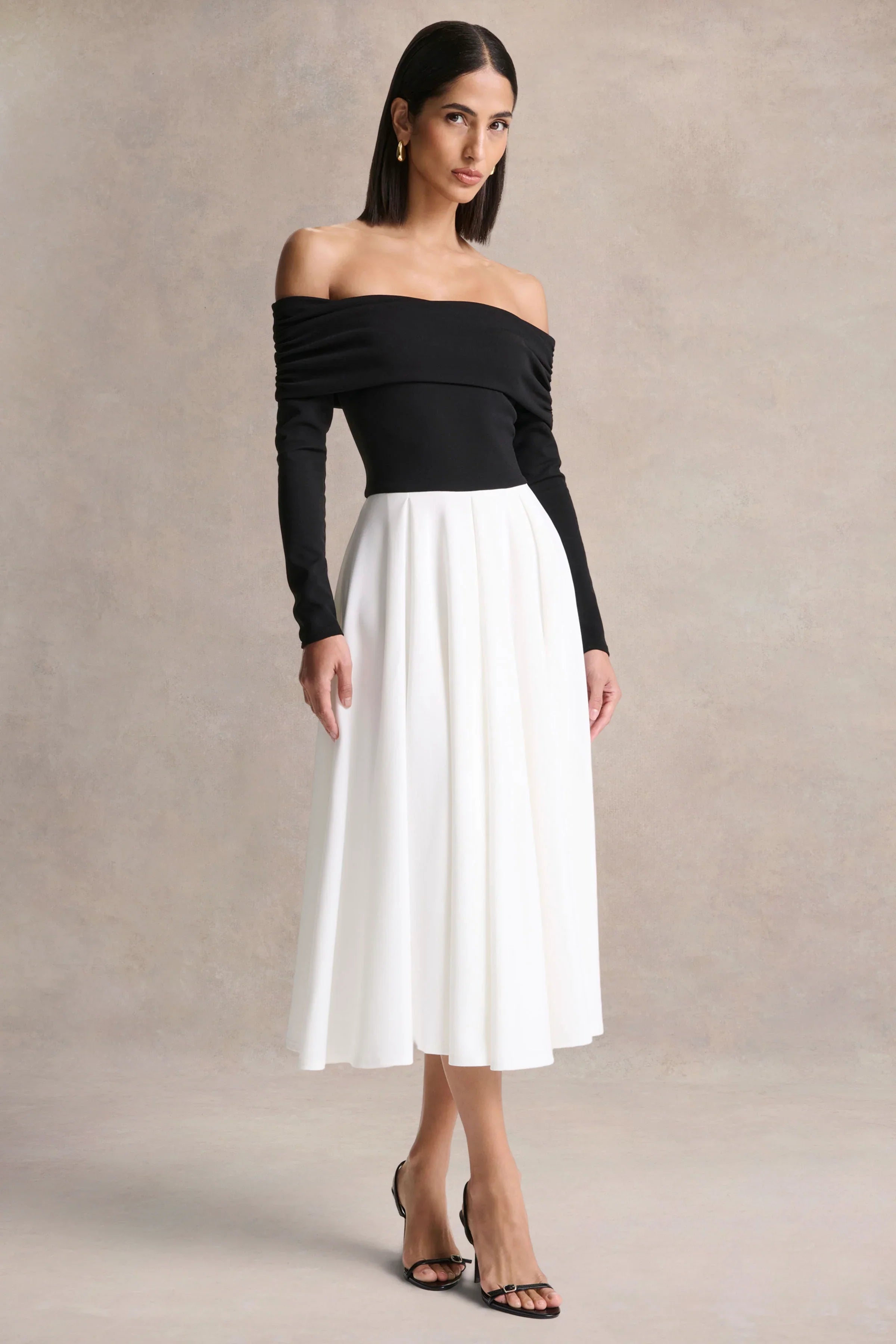 Frederica Black And White Bardot Neck Midi Dress