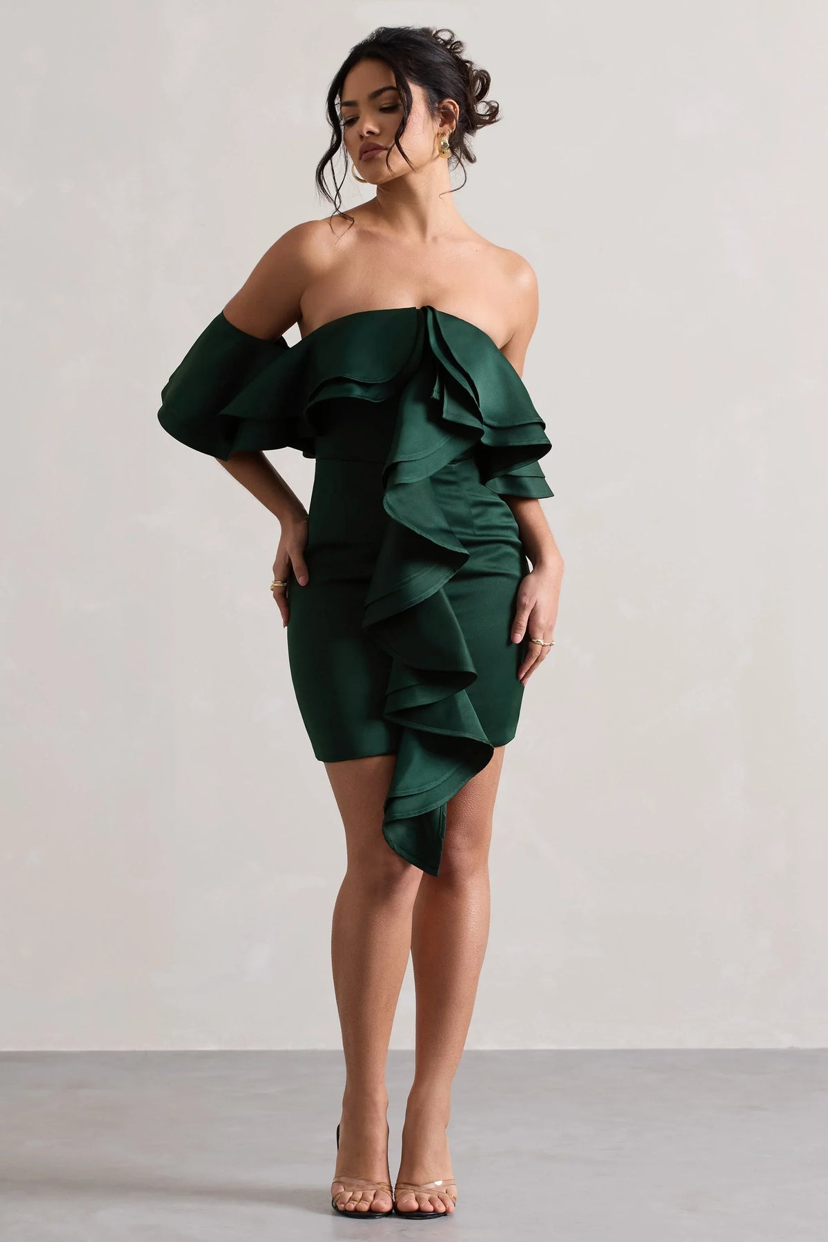 Aspen Bottle Green Bardot Mini Dress With Ruffles