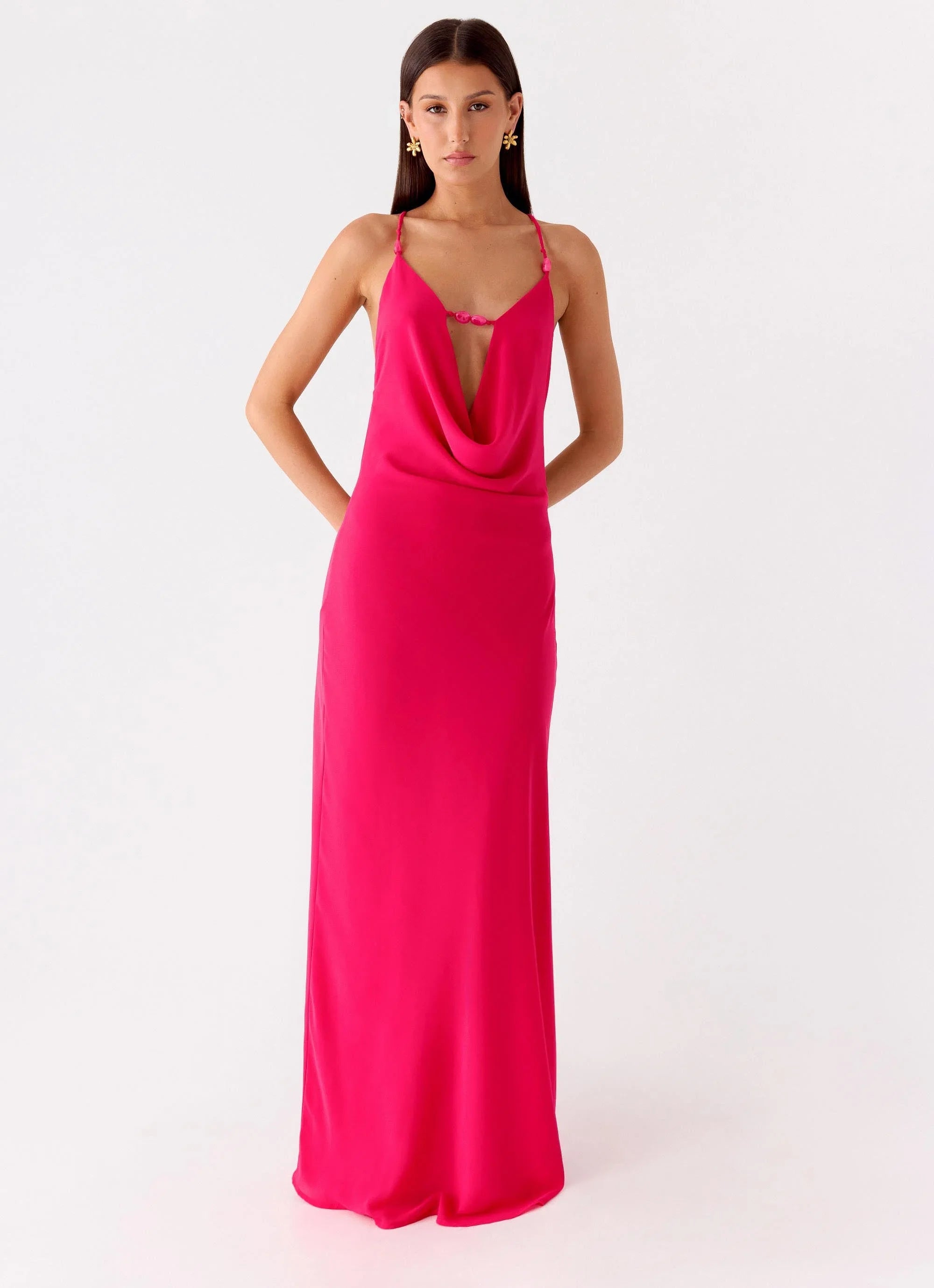 Tropic Muse Beaded Cowl Maxi Dress Fuchsia