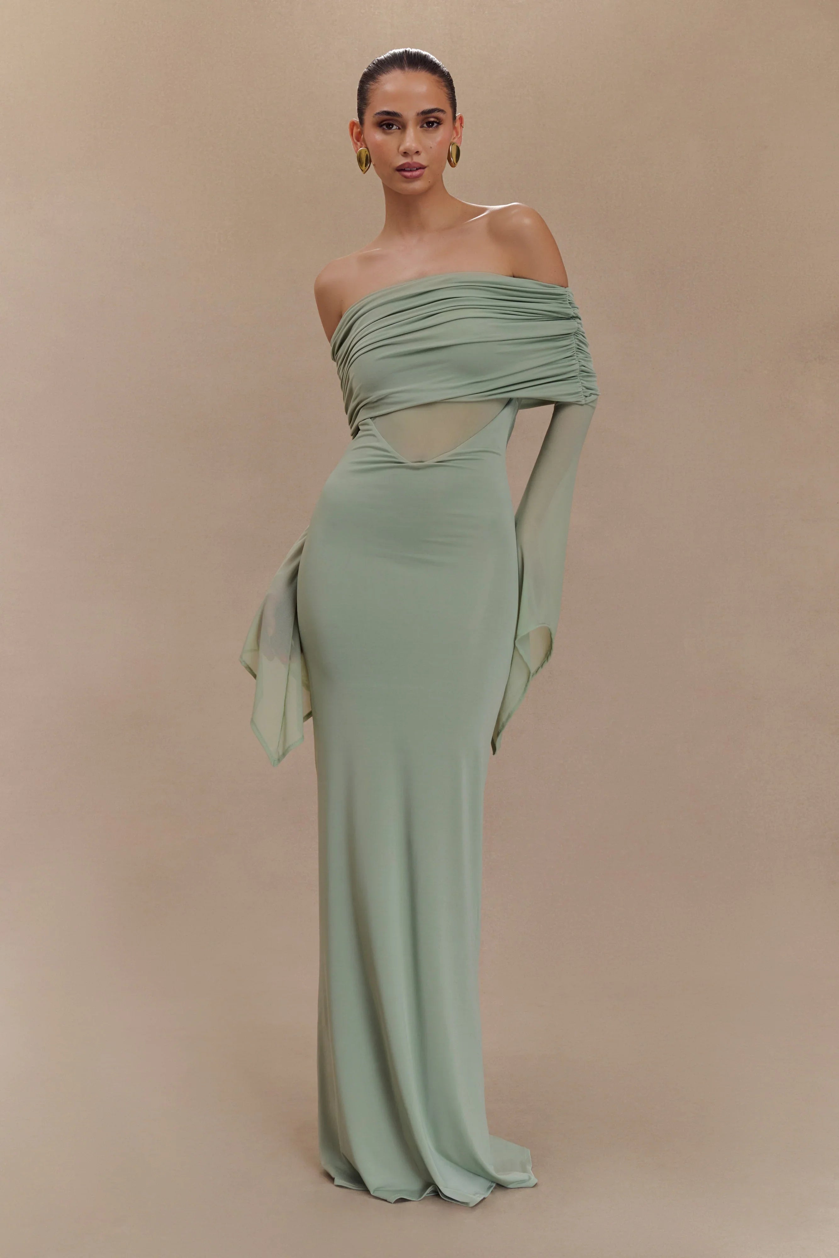 Kaitlin One Shoulder Slinky And Mesh Maxi Dress Basil